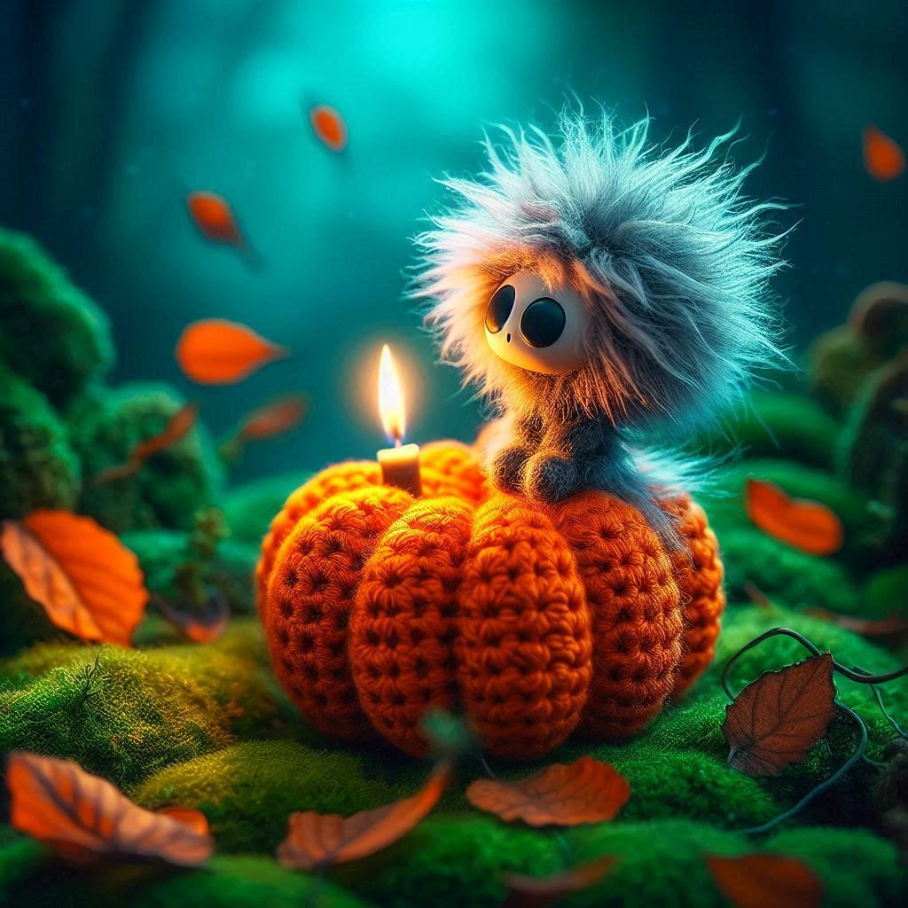 on crochet pumpkin, fallen autumn leafs, by warm candlelit