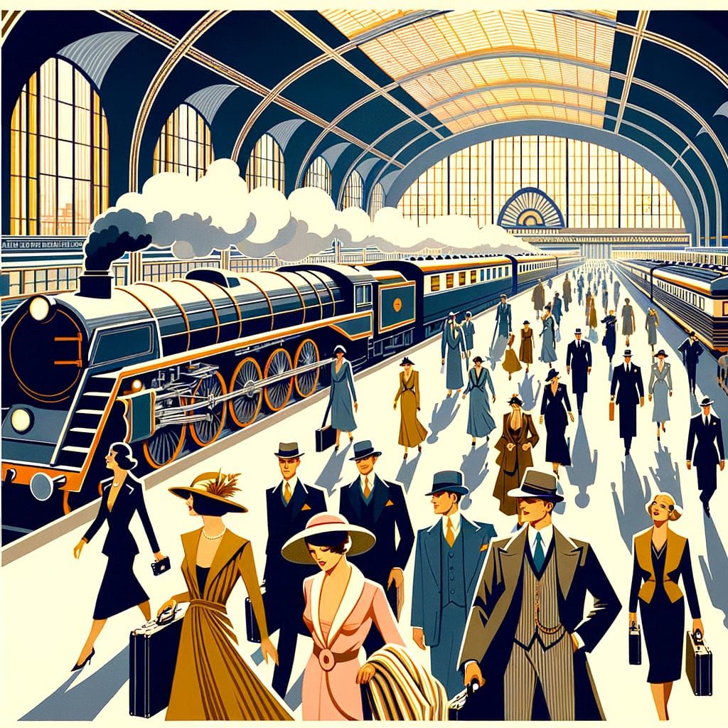 A bustling 1930s train station filled with elegantly dressed travelers and steam-puffing locomotives. ...  by @K J Baker