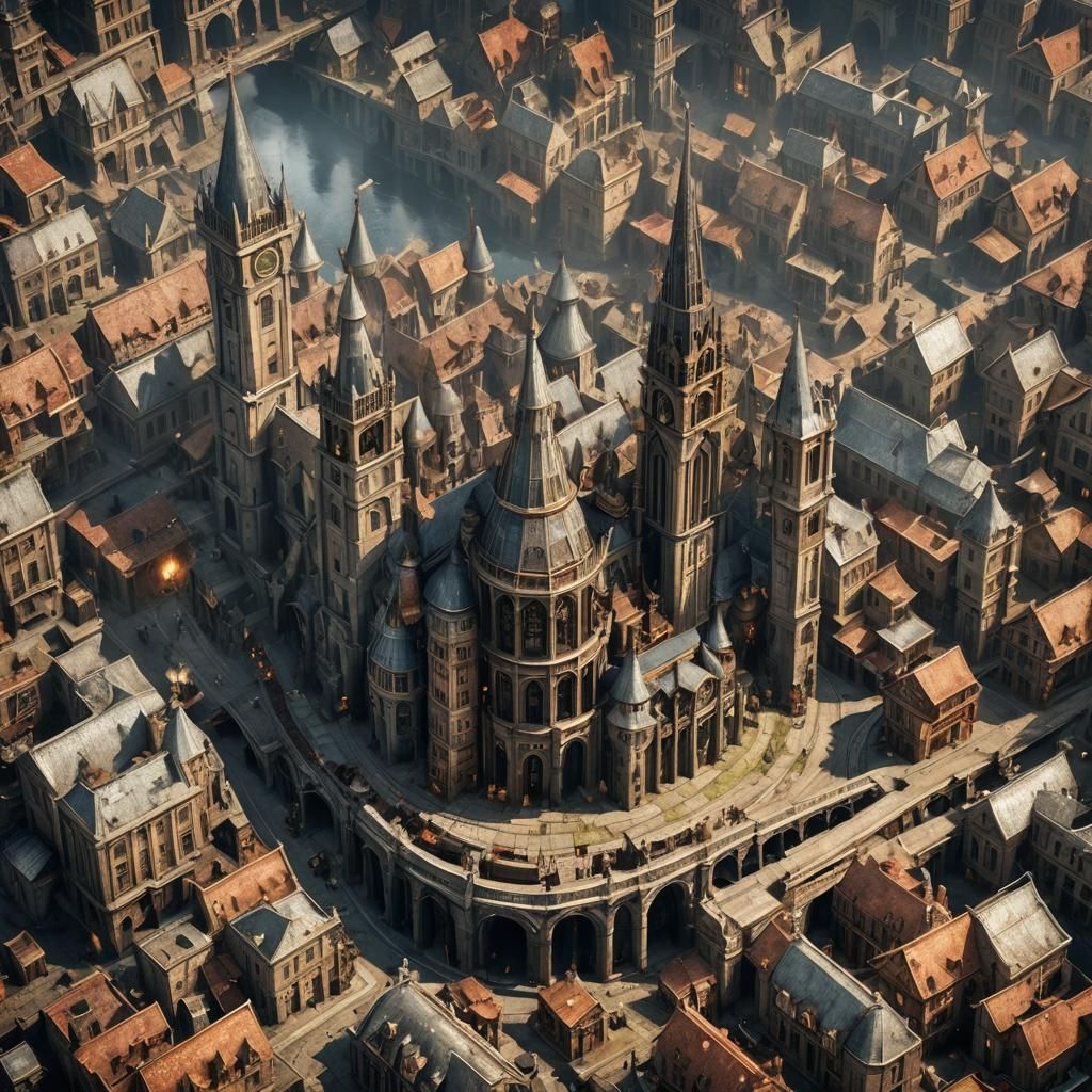 A city with medieval inspiration. Large plan. Use intense an...