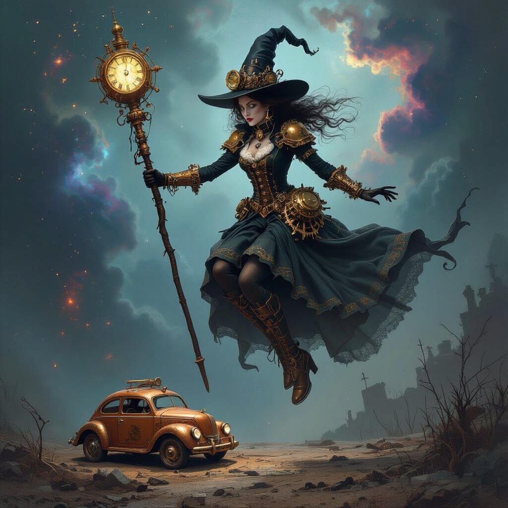 Steampunk Witch Levitate Over Nebula with Cosmic Staff