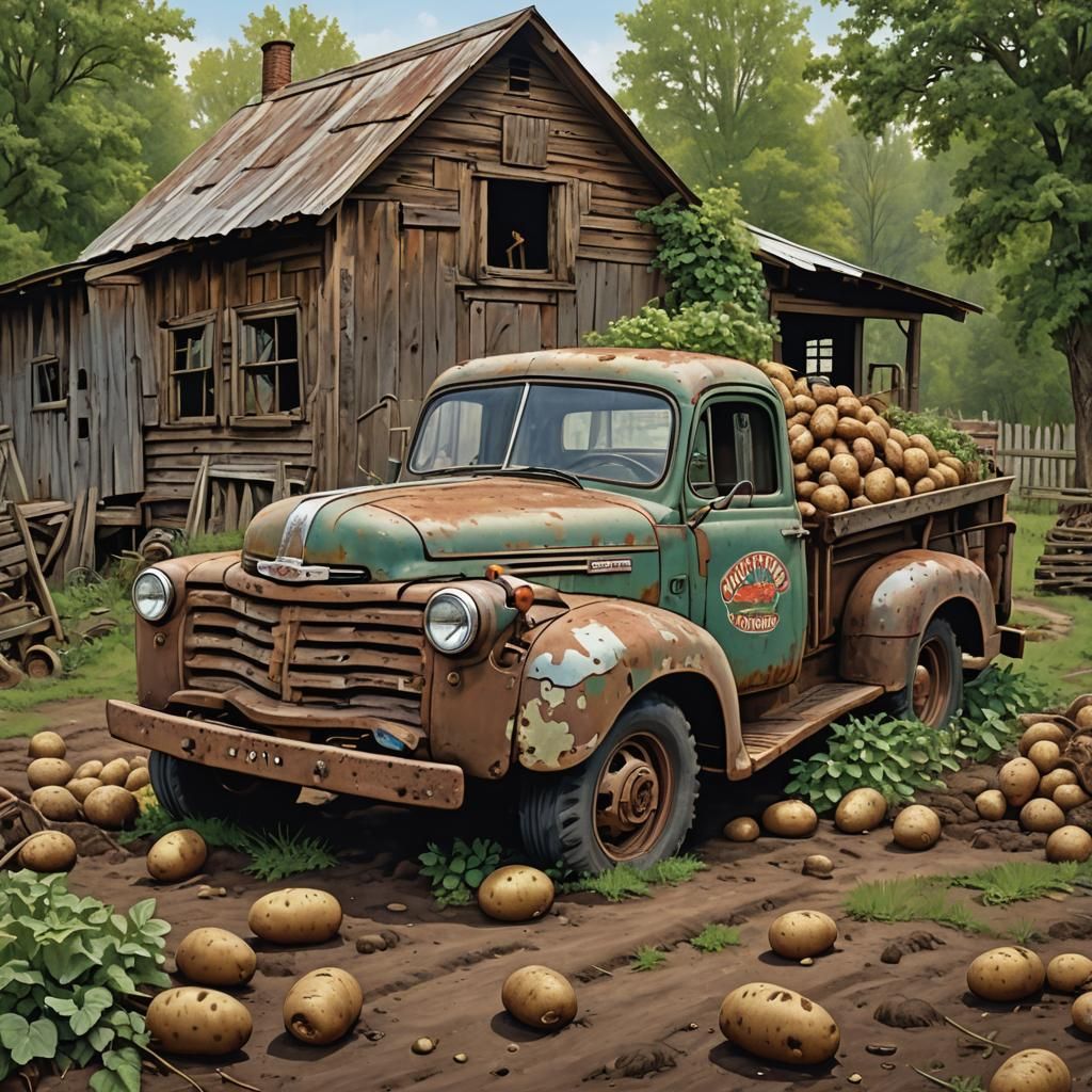 create a image potato patch with old farm truck "detailed st...
