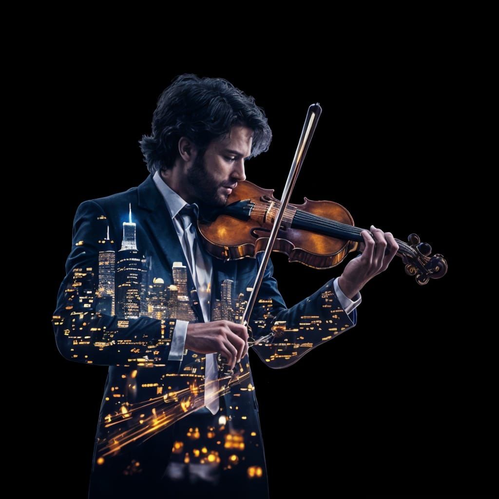 Violinist Merged with Night Cityscape Double Exposure