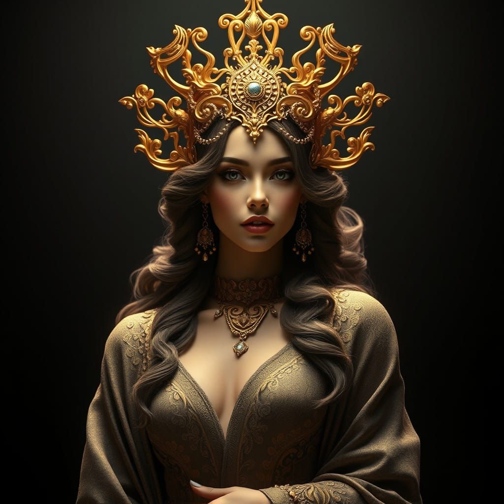 Regal Woman Emerges from Shadows in Cyberpunk Art Nouveau St...