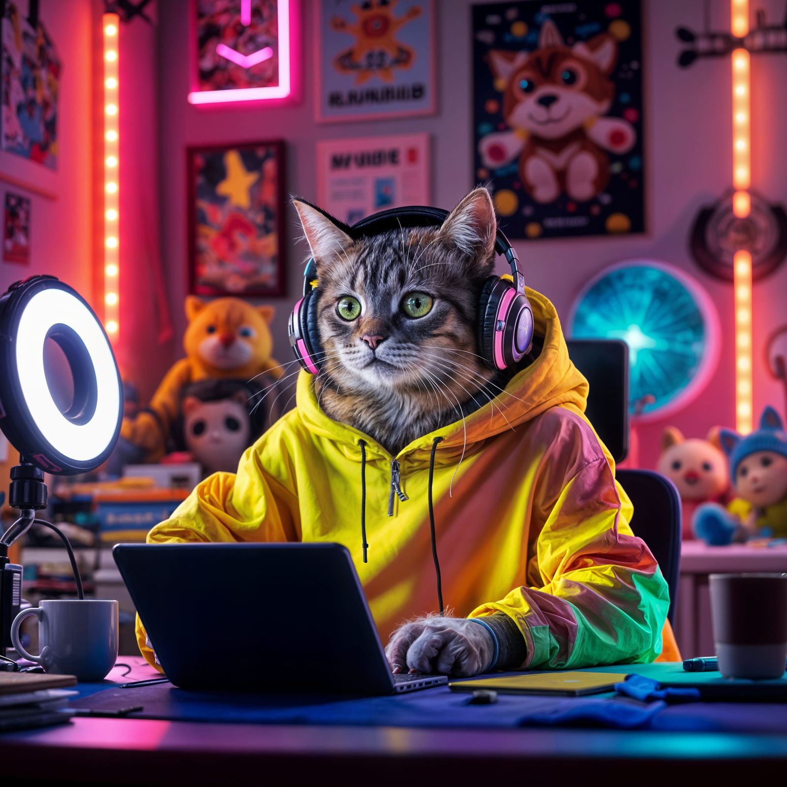 A Gen Z cat, sporting a vibrant hoodie & oversized headphones, at desk recording a TikTok video with ...  by @JenG