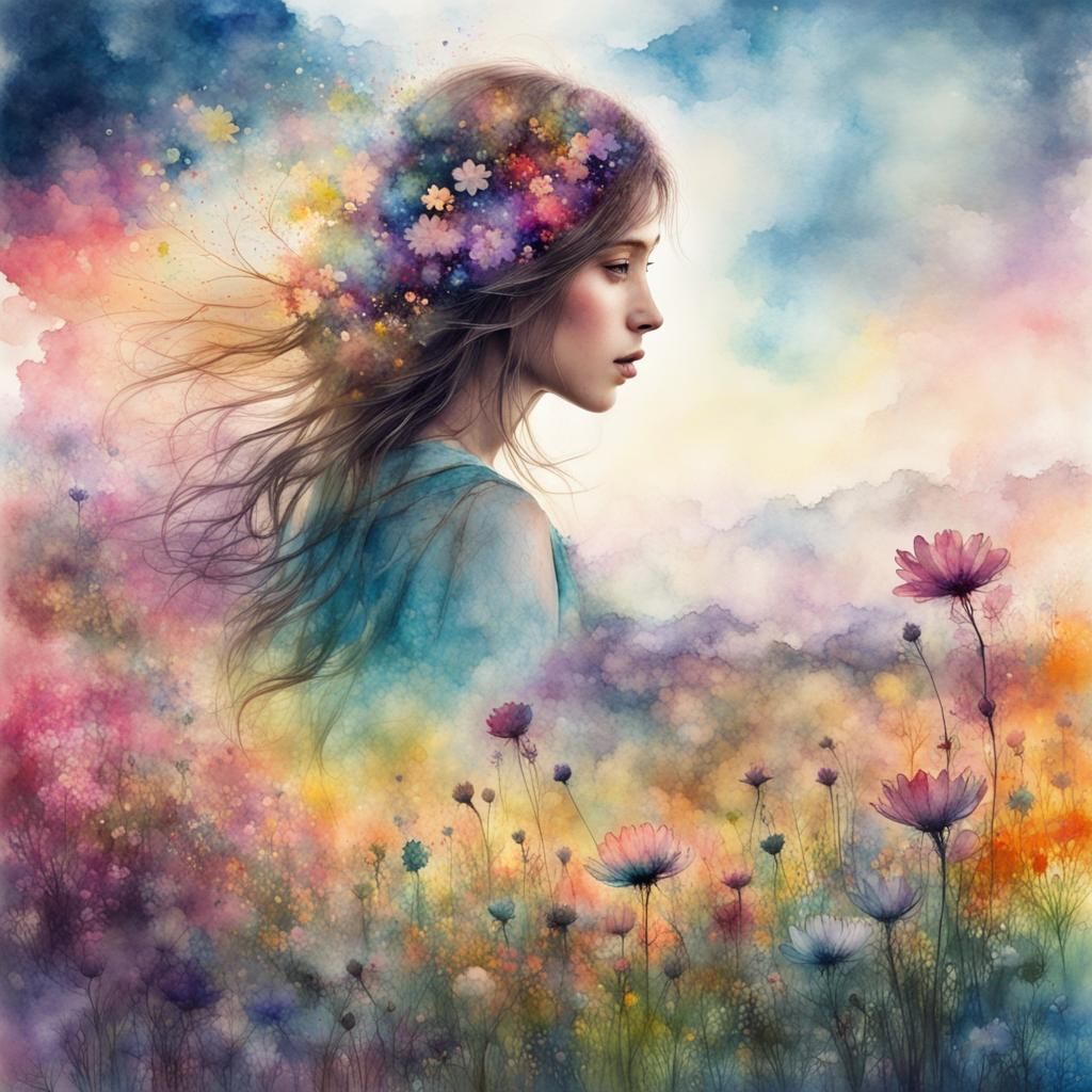 Beautiful flower meadow silhouette double exposure landscape portrait ...