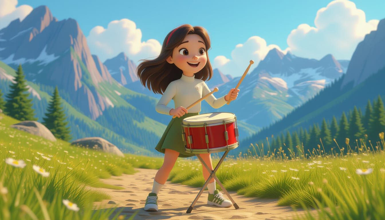 Pixar-Style Animated Girl Drumming in Mountains