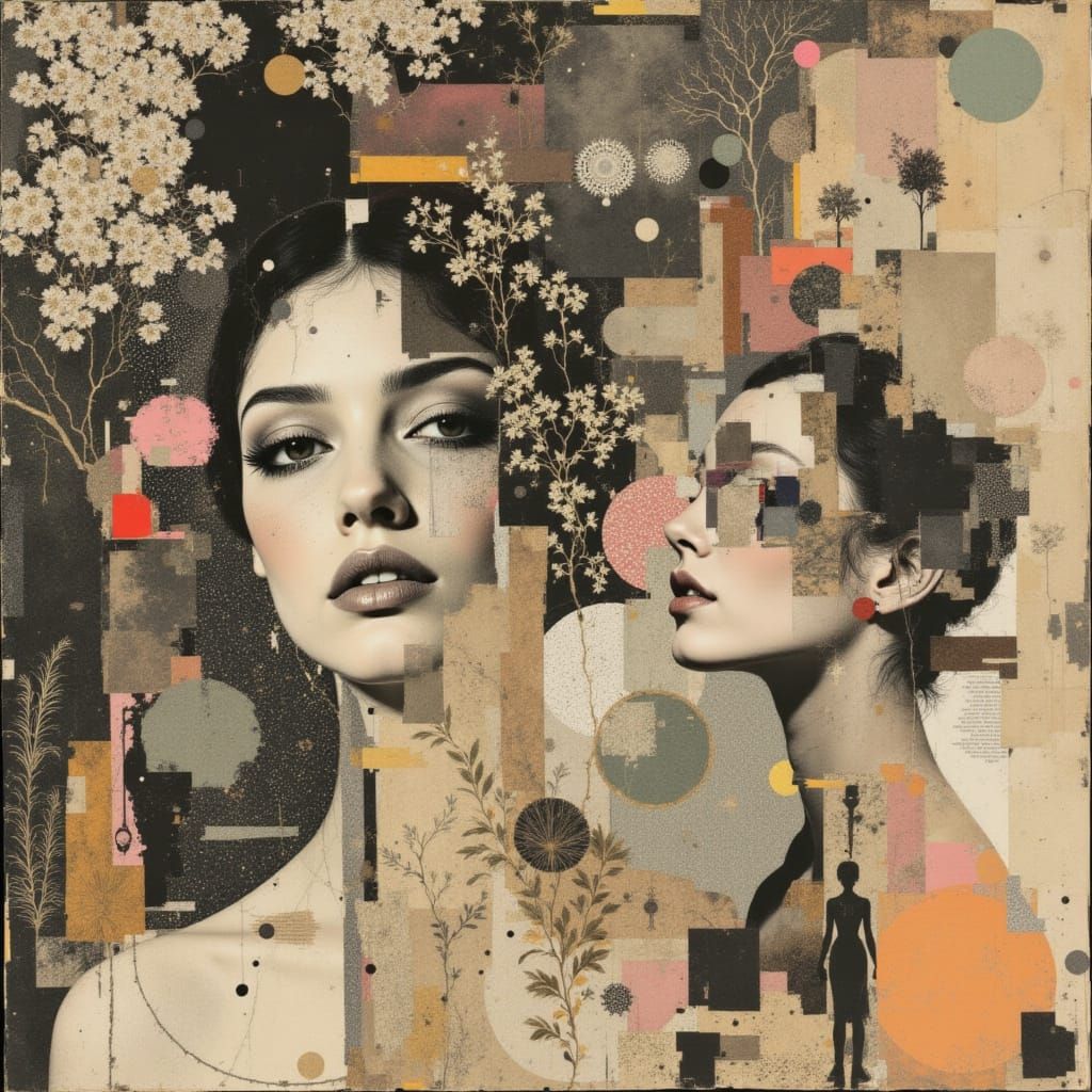 <lora:Umbratic:1.0> Introspective Collage of Fragmented Identities: Eileen Agar's textural layering of found papers and organic matter, juxt...