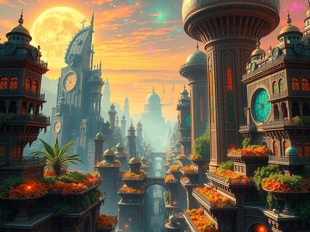 An amazing glittering glitchart vibrant solarpunk cityscape with unique architecture and amazing imagery, stunning details, epic, semi-reali...
