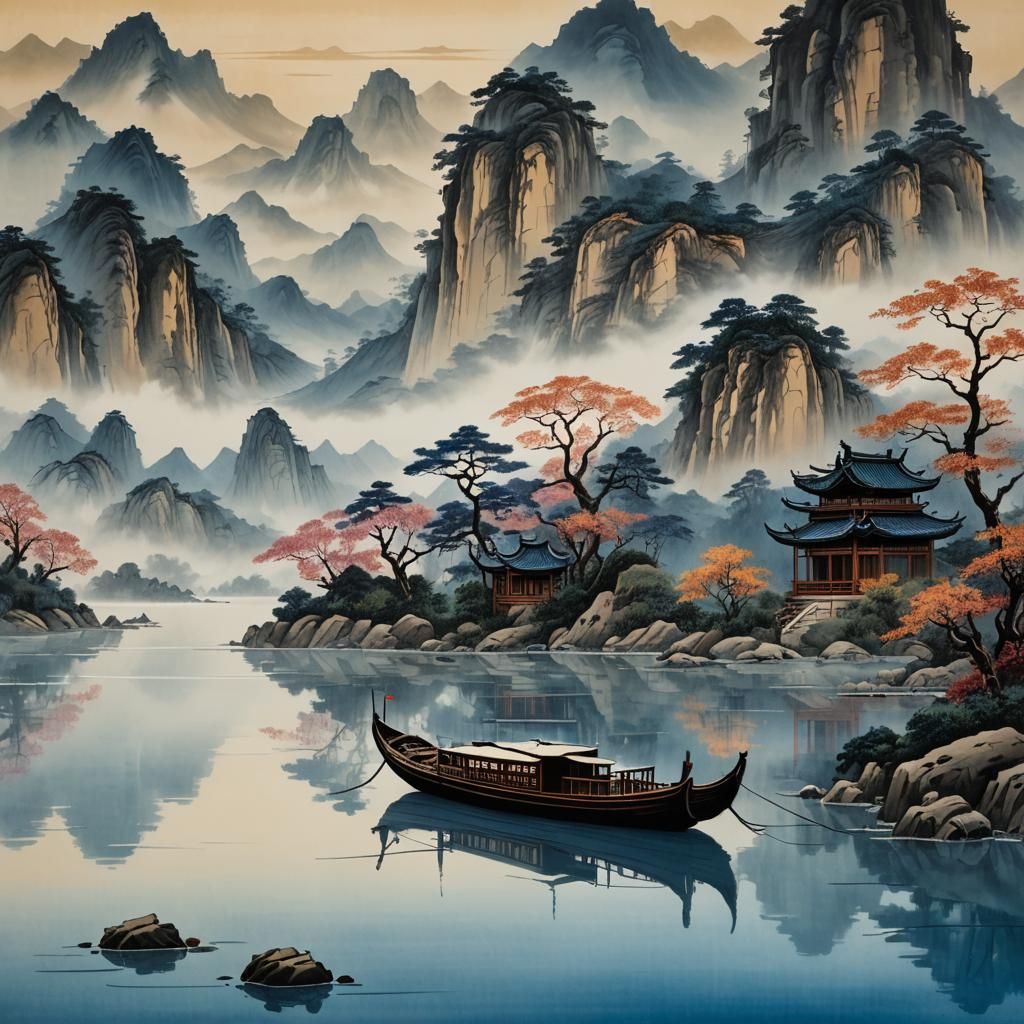 A wooden boat on a peaceful lake. CHinese  by @ninozhang