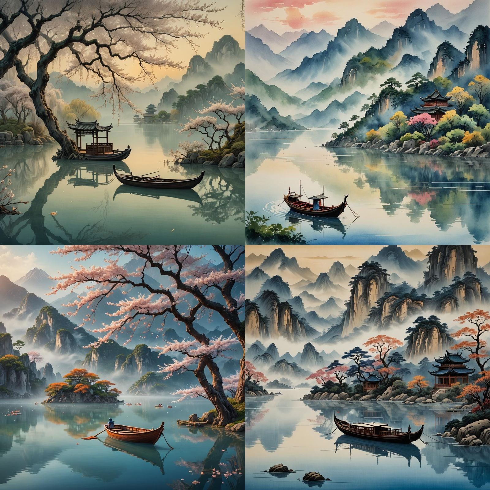 A wooden boat on a peaceful lake. CHinese