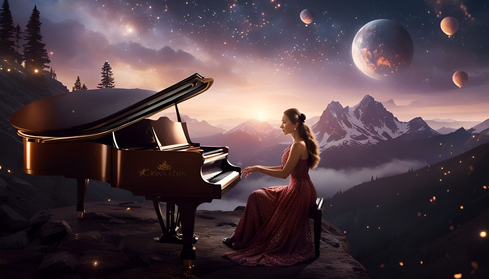 Beautiful woman in evening dress playing a grand piano in a the ...