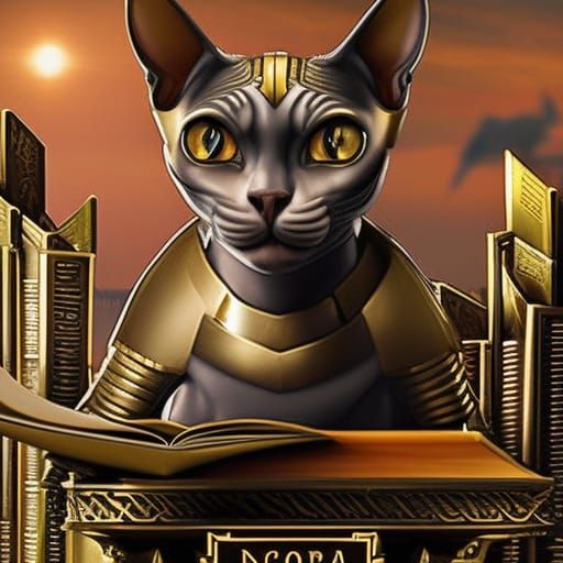 Sphynx cat warrior wearing majestic gold armor reading book - AI ...