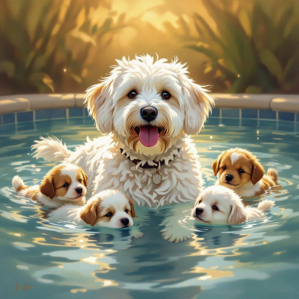 Dog and Puppies in Pool: Oil Painting Style