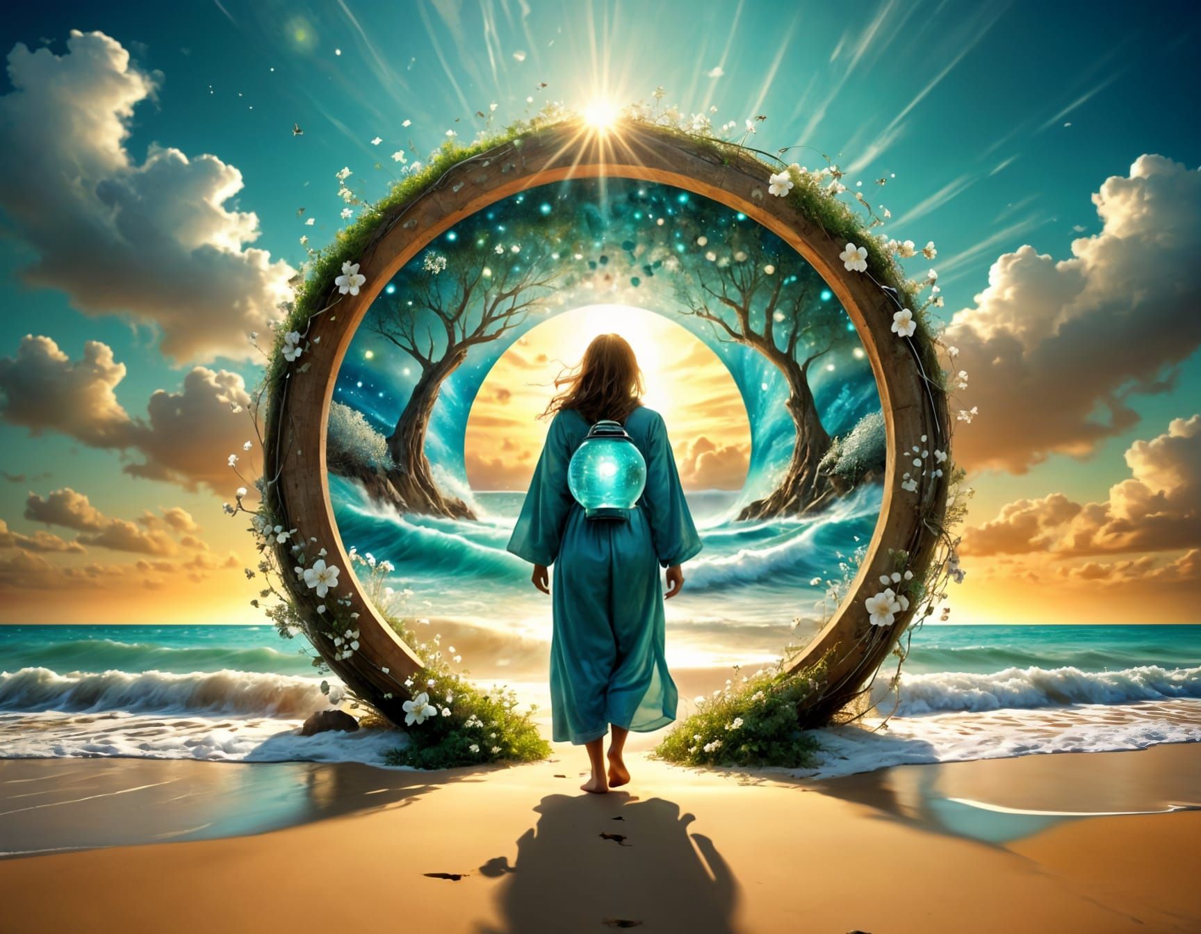 lantern on back and walking into the portal 