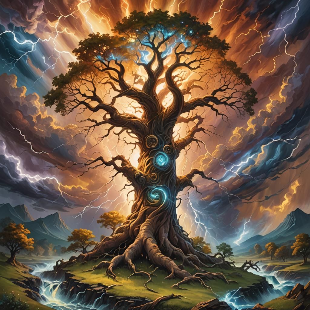 Mythical Creature in Stormy Landscape, Oil Painting