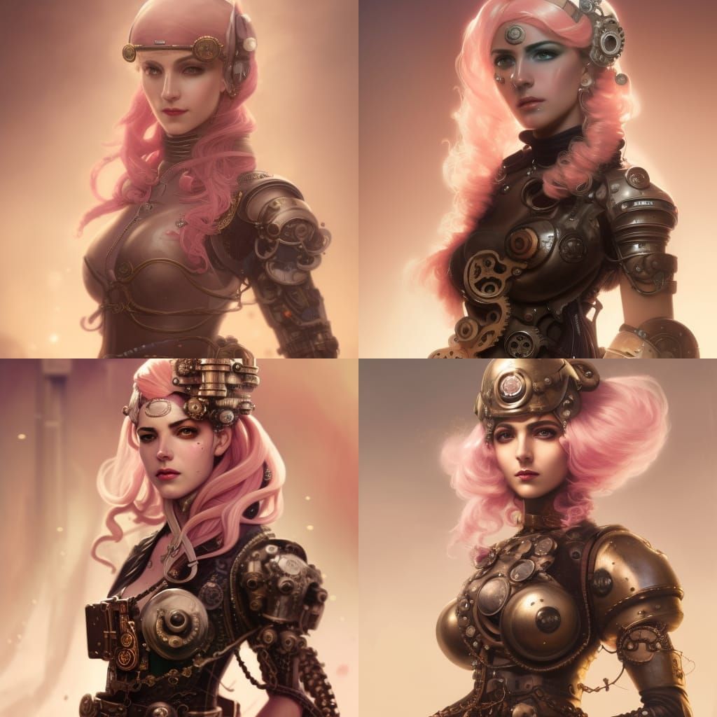 portrait of a middle-eastern steampunk woman, pale-pink hair...