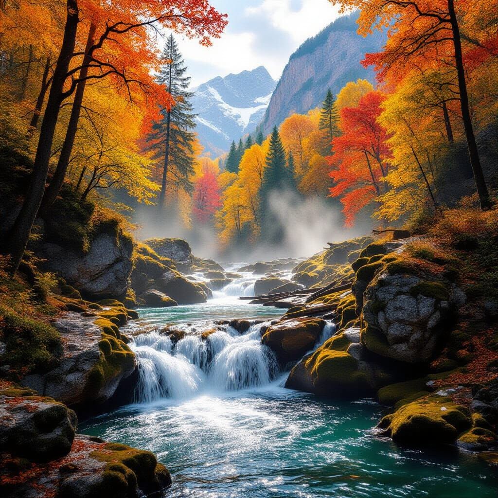 Autumn Forest Waterfall in Impressionist Style