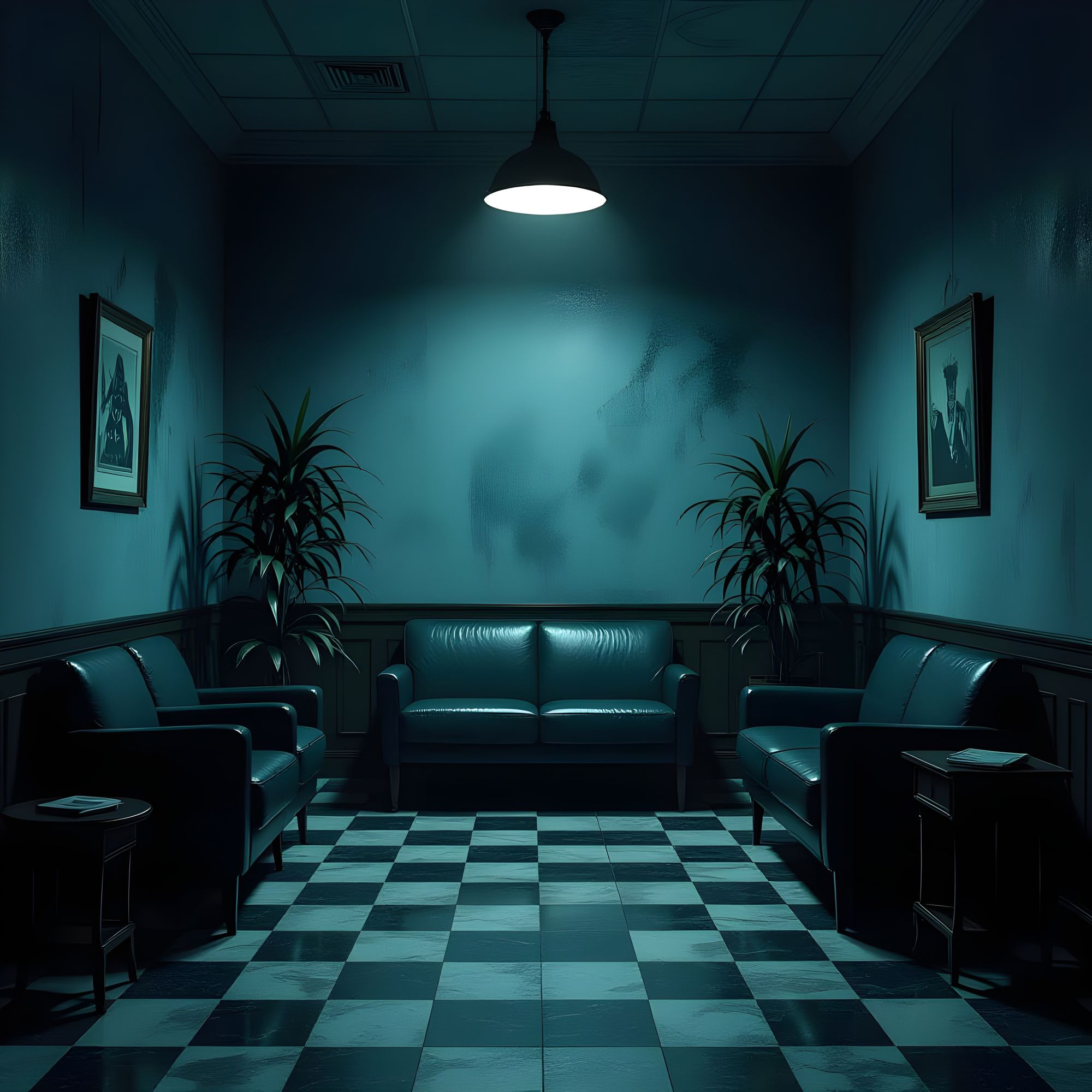 Liminal eerie business waiting room with dark abstract ambiance 