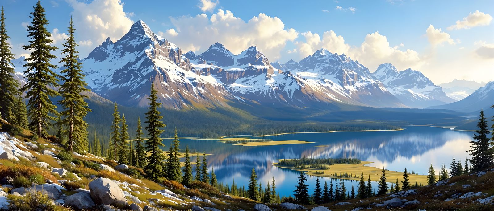 A breathtaking landscape of snow-capped mountains, crystal-clear lakes, and towering pine forests. The ...  by @undefined