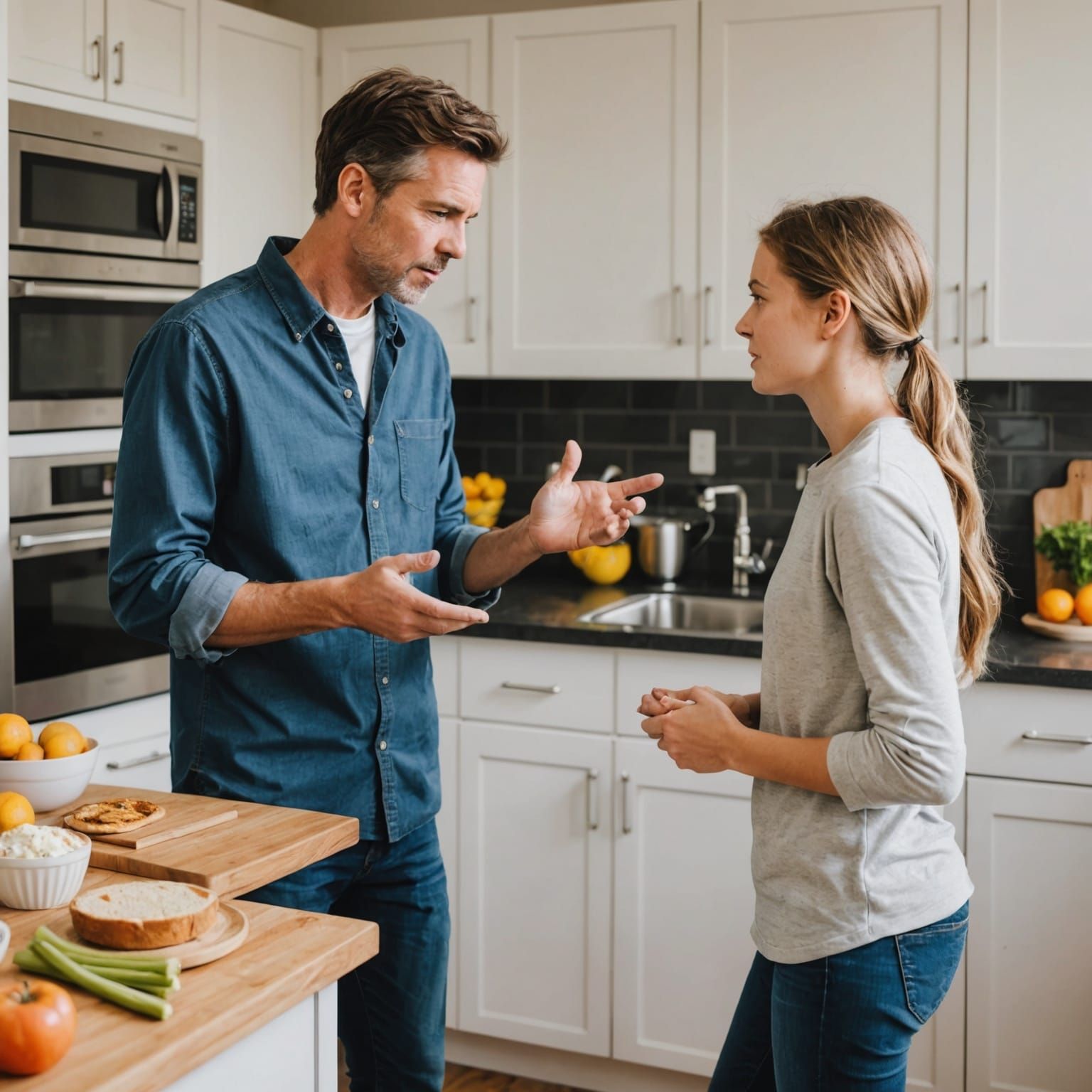 Adult and Teenager disagreeing in kitchen