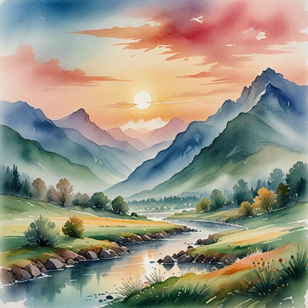 Mountains, watercolor   by @Tilted25