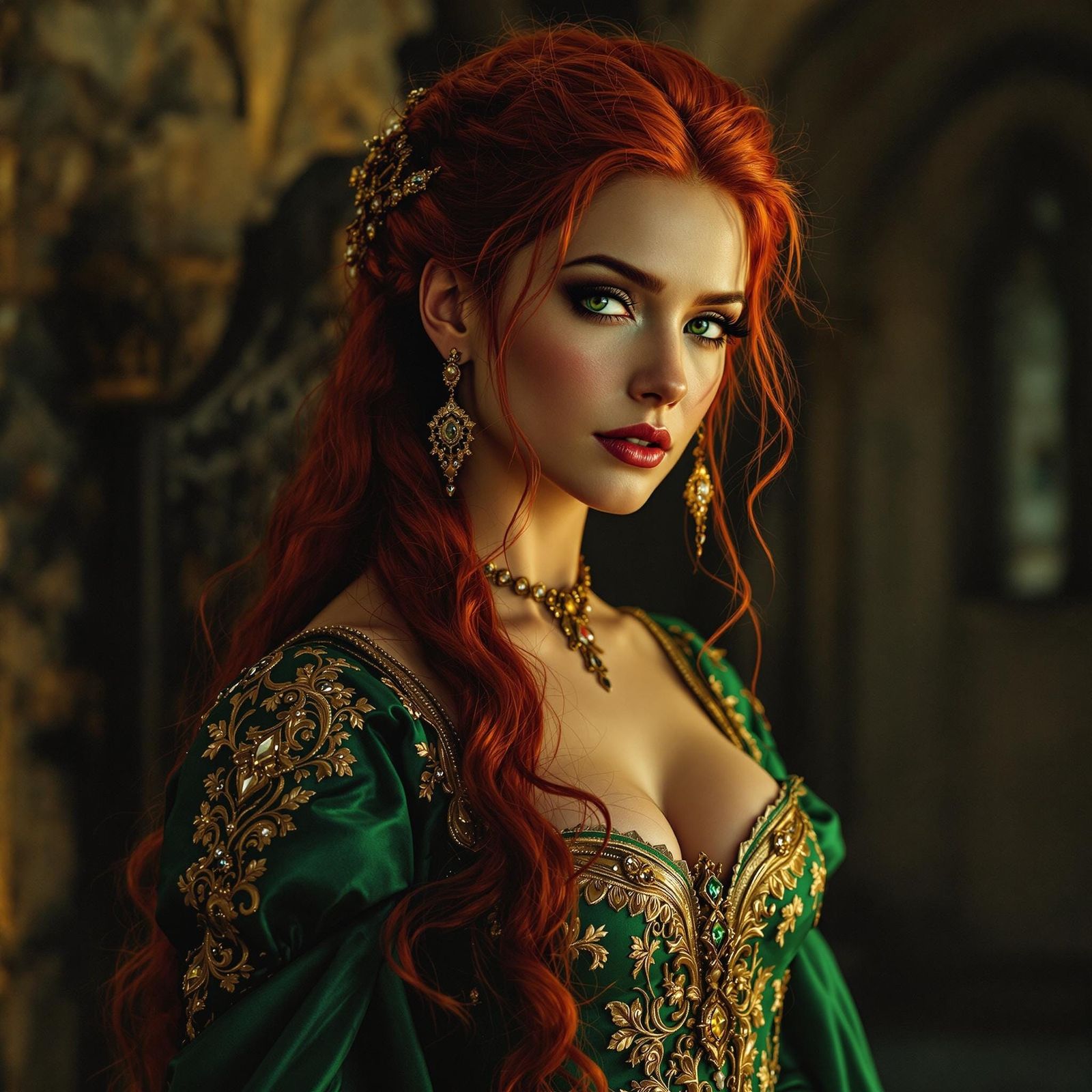 Regal medieval queen with fiery red hair cascading down her ...