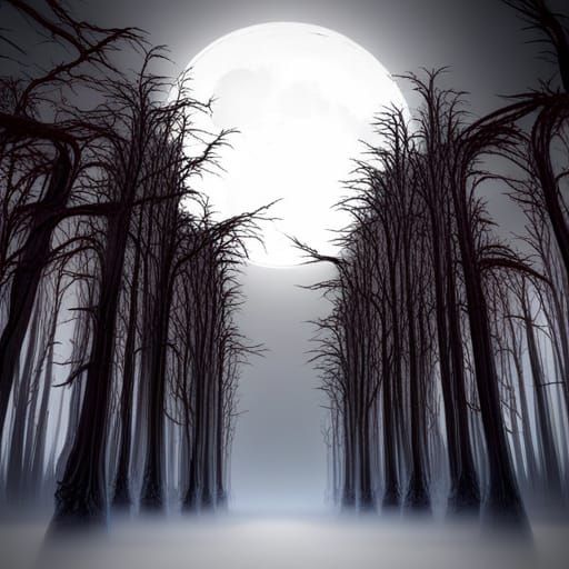 sheer wispy ghosts floating through eerie deadwood forest, full moon ...