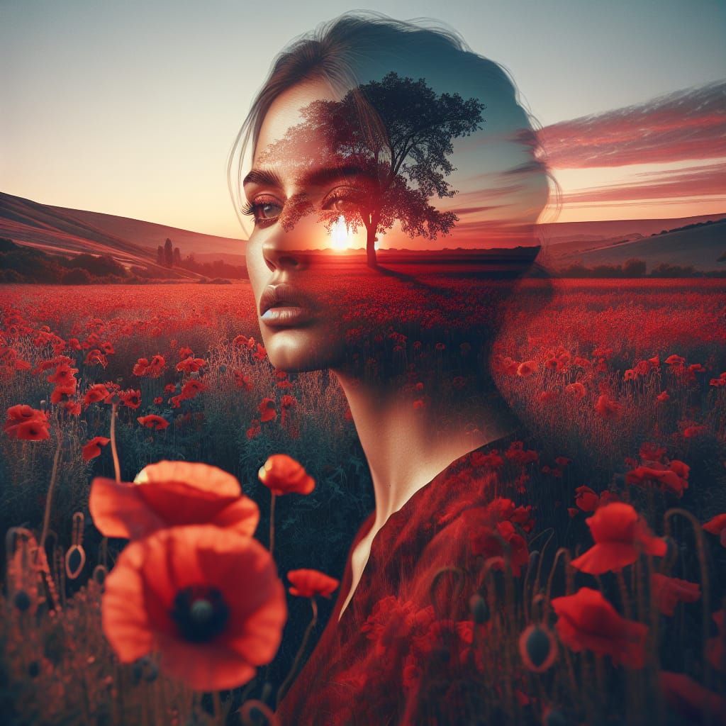 Cinematic over-detailed shot with elements of reds in double exposure: a close-up portrait of Scarlet O'Hara and a stunning landscape with...