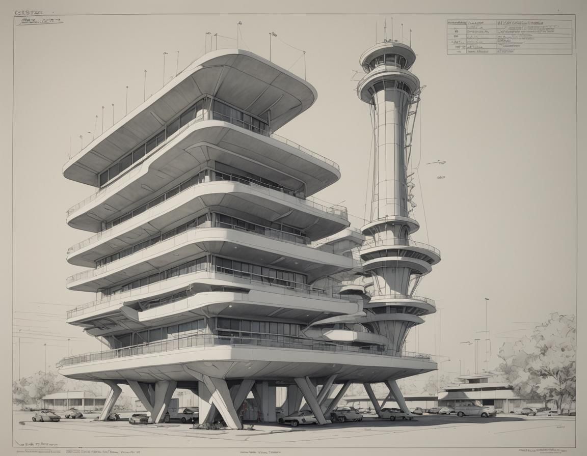 Space age tall parking structure, side view, engineering dra...