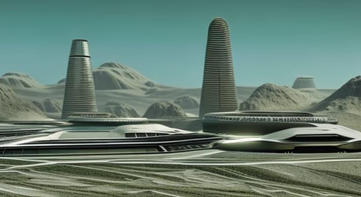 scy.fi city and airport with skyscraper on the mars, a silve...