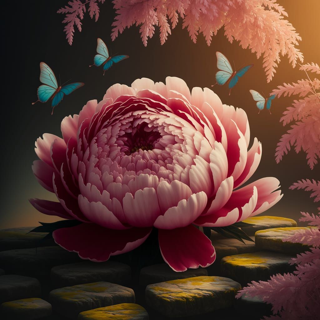 Colossal Peony with Butterflies in Golden Light