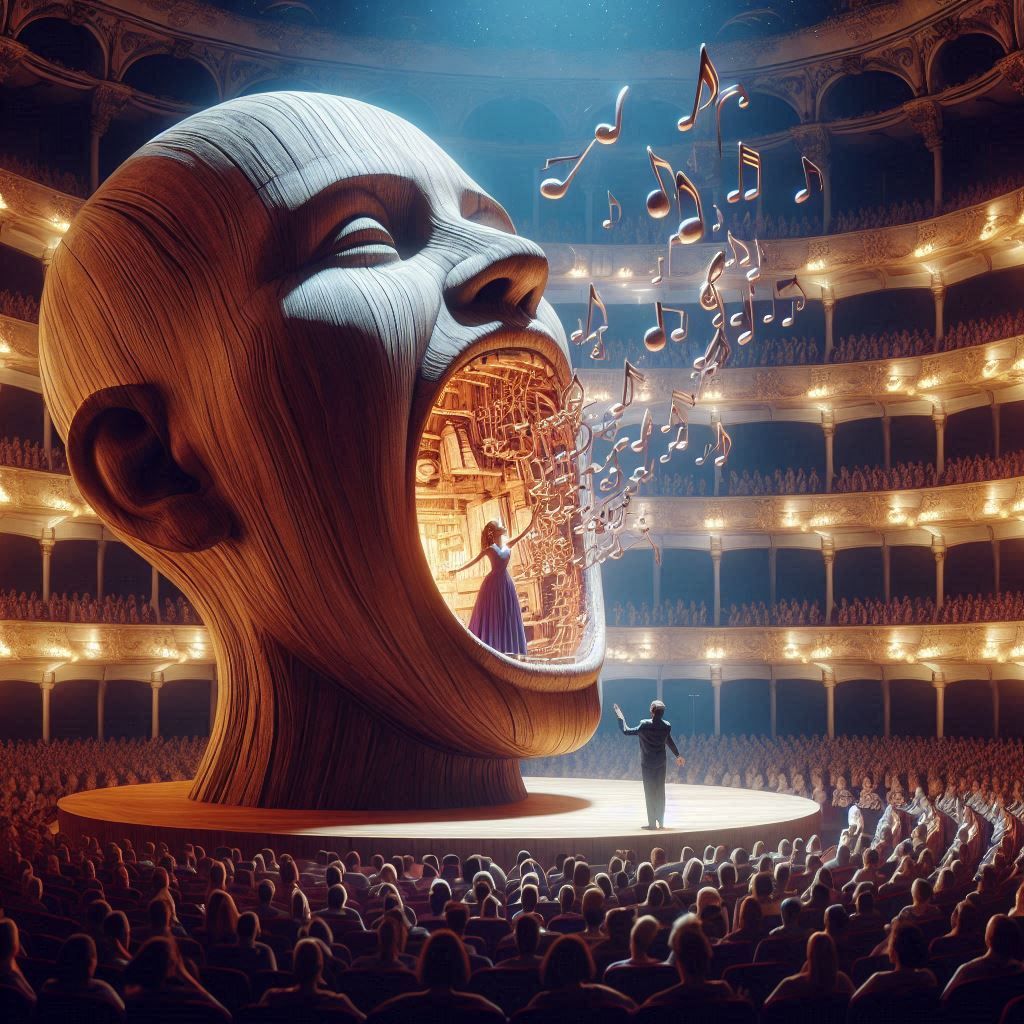 Opera singer inside of mouth of surreal giant head singing s...