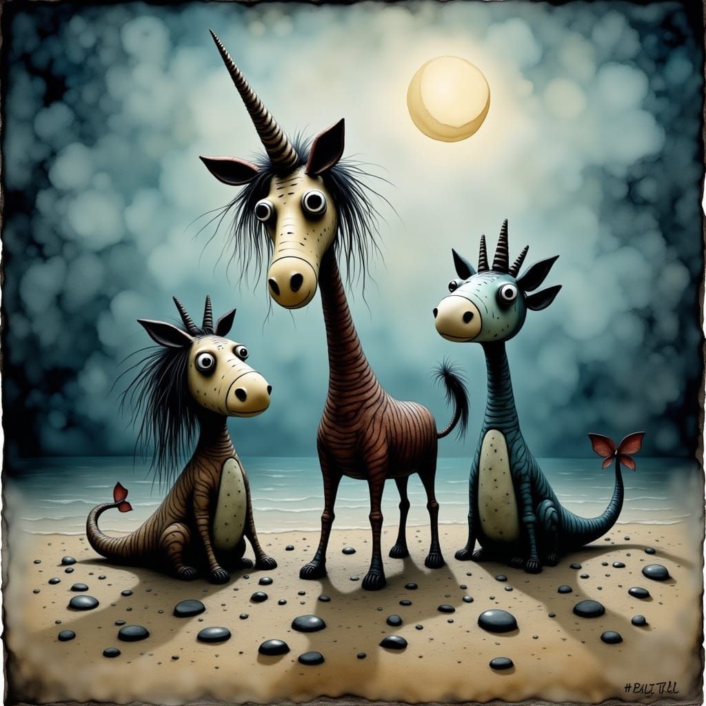 Low angle view, Close up A stitchpunk unicorn, mermaid and dragon on a pebbled beach. Quirky but cute, on textured watercolour paper,  burto...