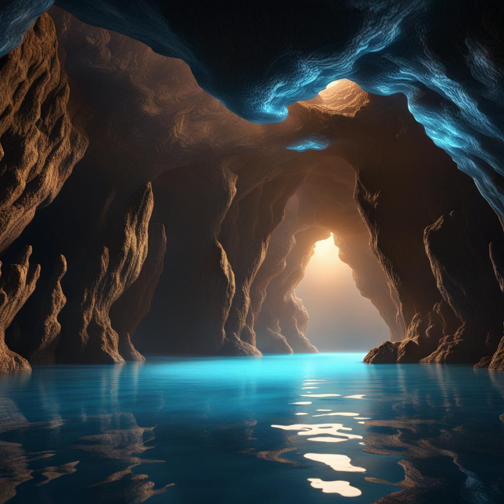 Sea cave with glowing blue water, ripples reflect on the cei...