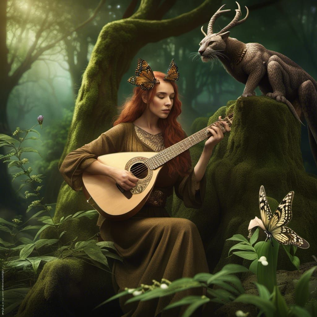 pretty Celtic singer with beautiful wooden lute playing for hybrid ...