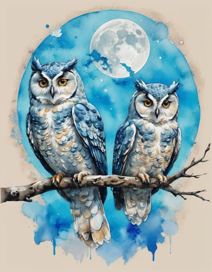 double exposure, two whimsical Owls on a branch, background ...