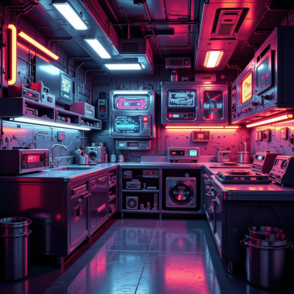 <lora:Future Obsolete:1.0> kitchen, cassette-futurism