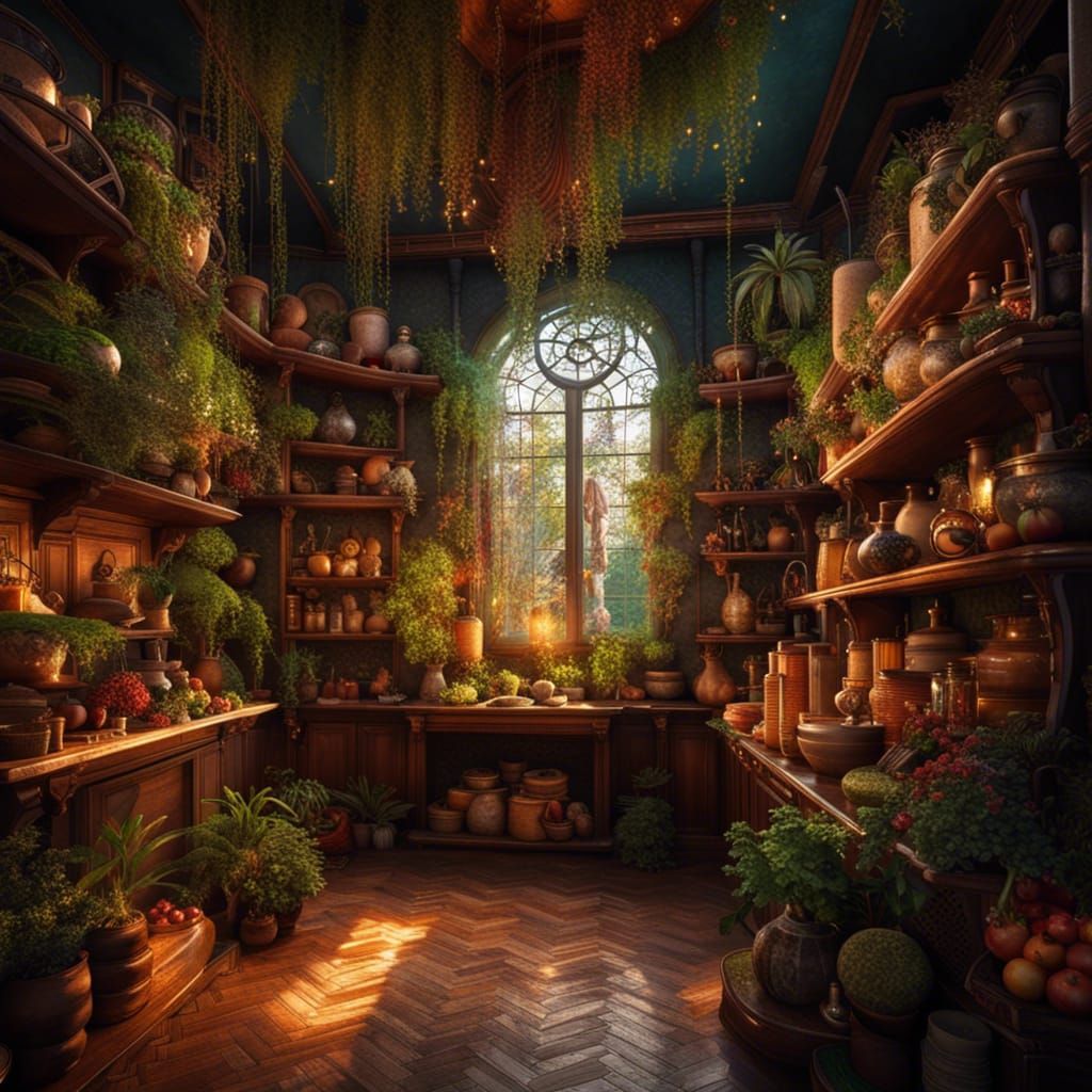 Hyper Detailed, Beautiful, Golden Hour, Grand Interior, Whimsical, Art Nouveau, Flowers, Plants, Lush, ...  by @Deliverlite 