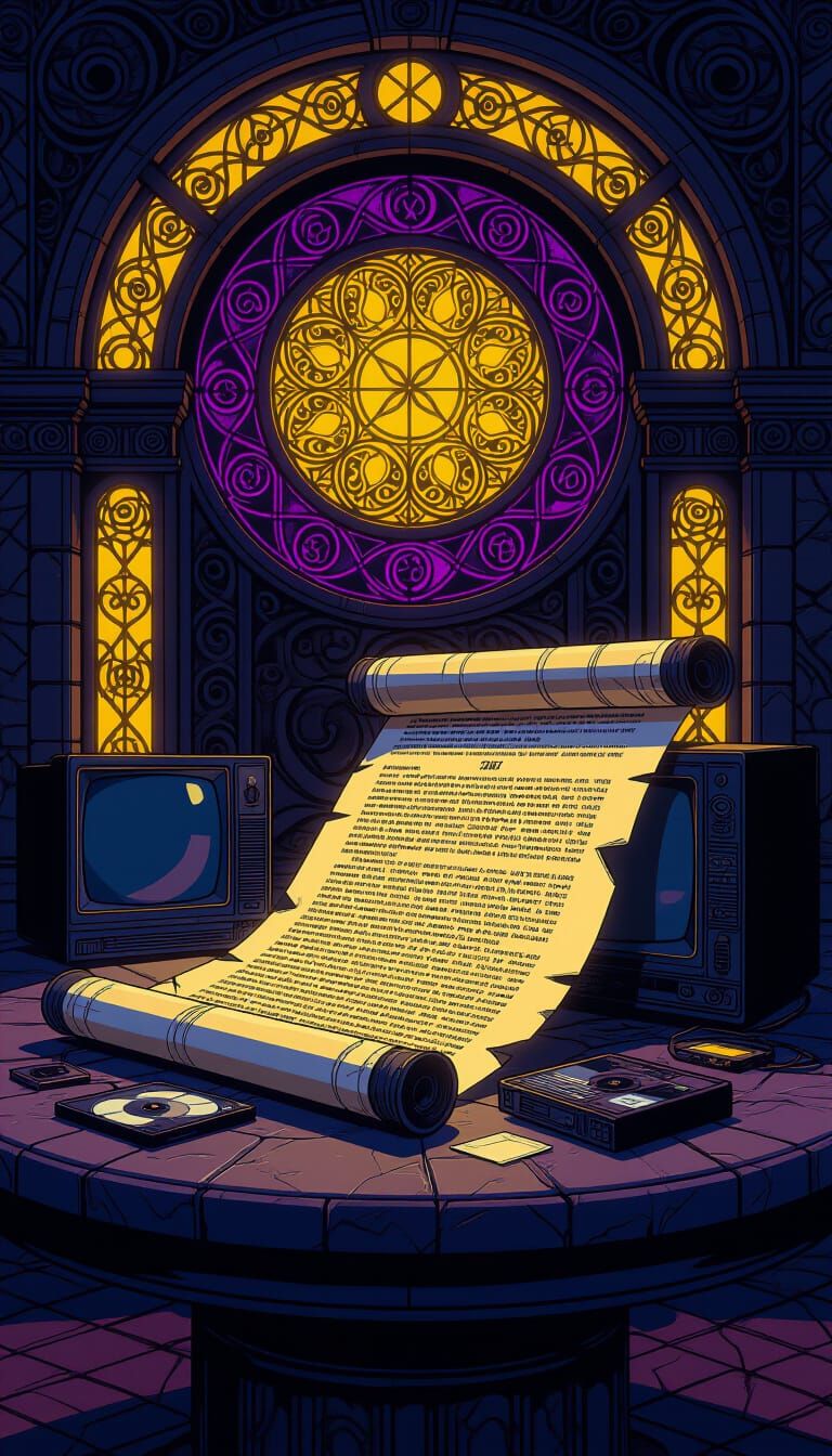 Dark Fantasy Scroll with Retro Tech