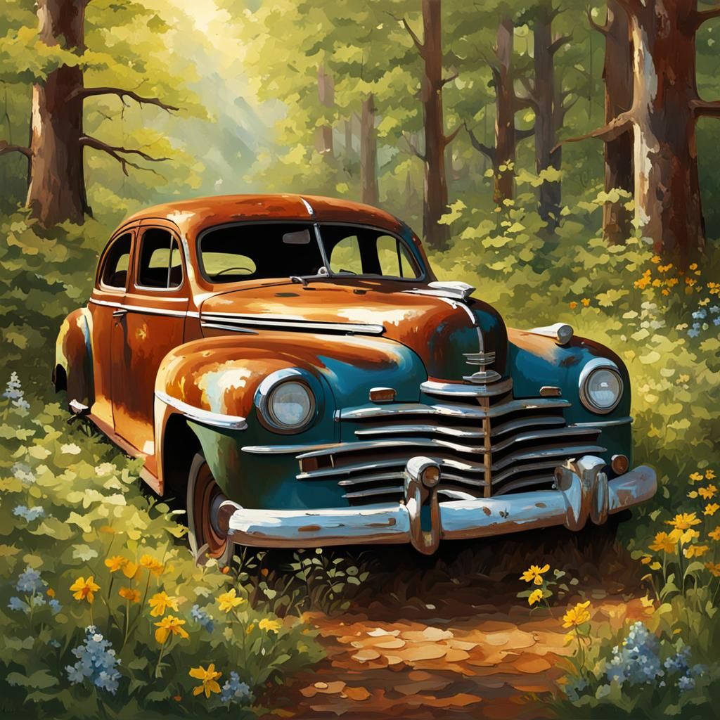 A rusted 1947 Plymouth automobile abandoned in the woods, da...