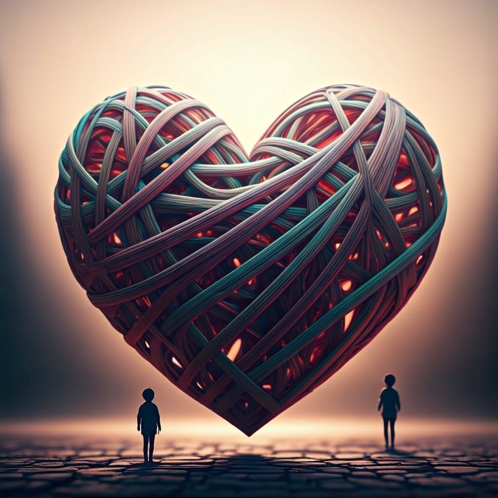 Intricate Latticework Heart with Silhouetted Children in Dre...