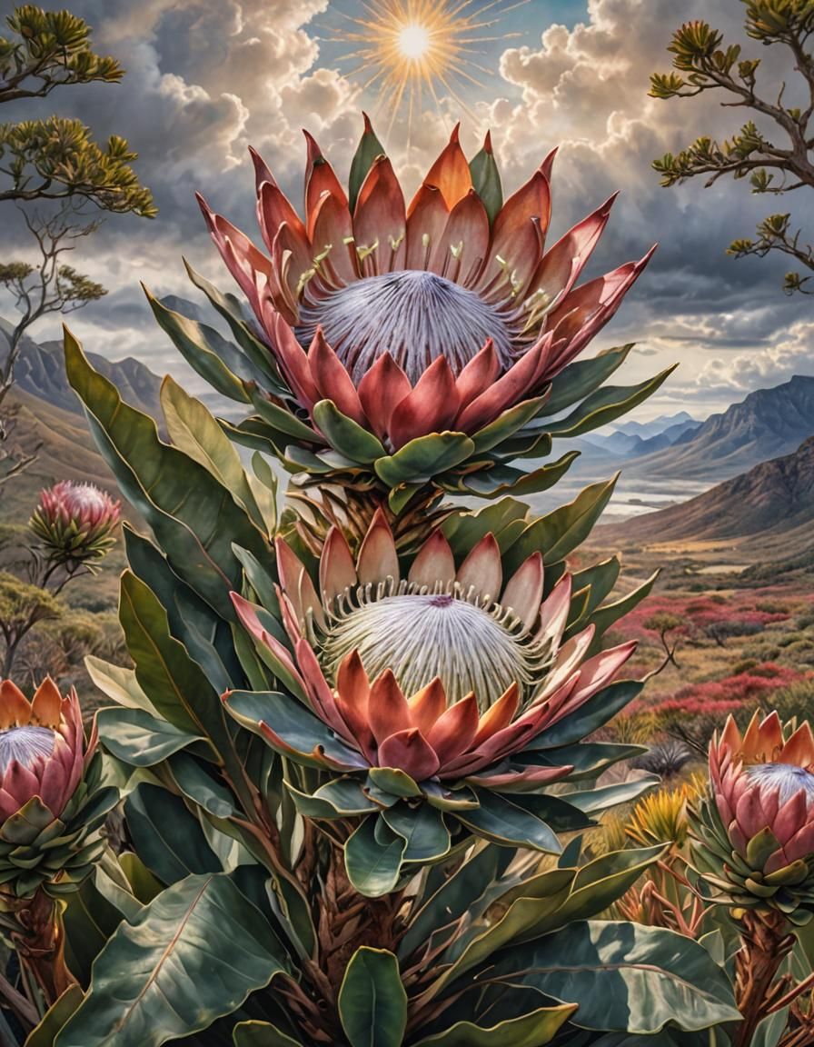 Rich watercolor painting, semi-realistic, anthropomorphic representation of king protea flower, exuding ...  by @Lennis