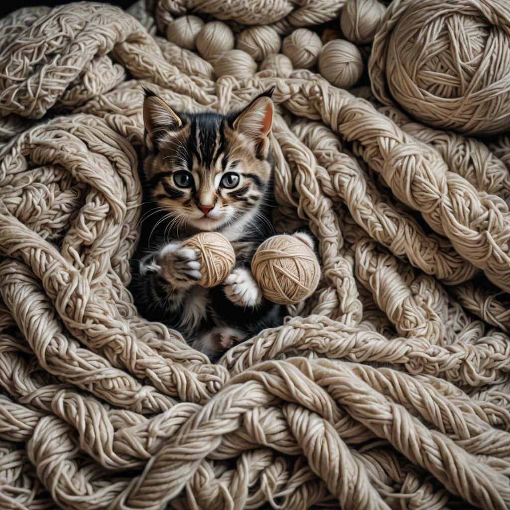 A kitten surrounded by yarn