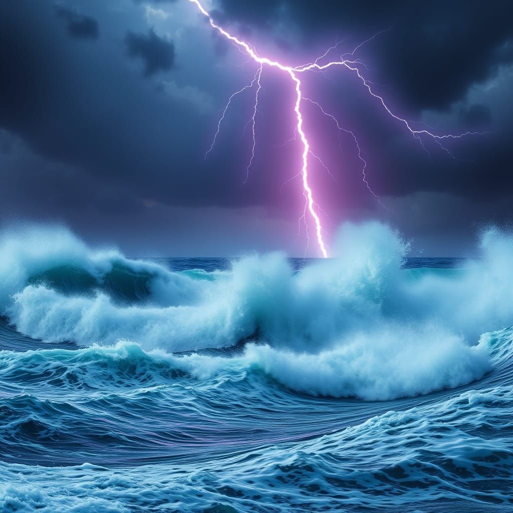  Hyperrealistic thunderstorm over the ocean, giant waves, lightning bolts, high detail

