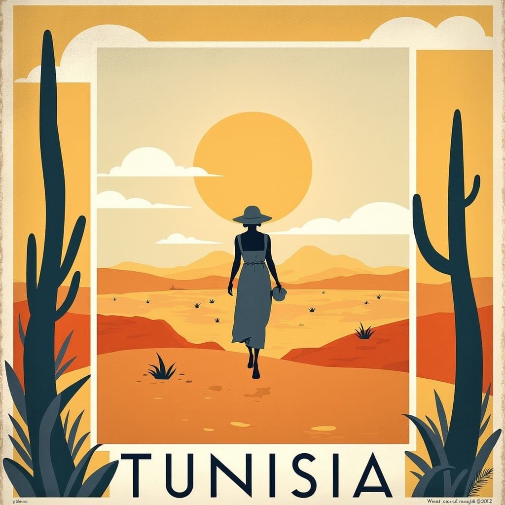 <lora:Vintage Travel:1.0> Minimalist illustration of a woman WALKING IN DESERT OASIS, in the style of vintage travel poster. Bold colors, st...