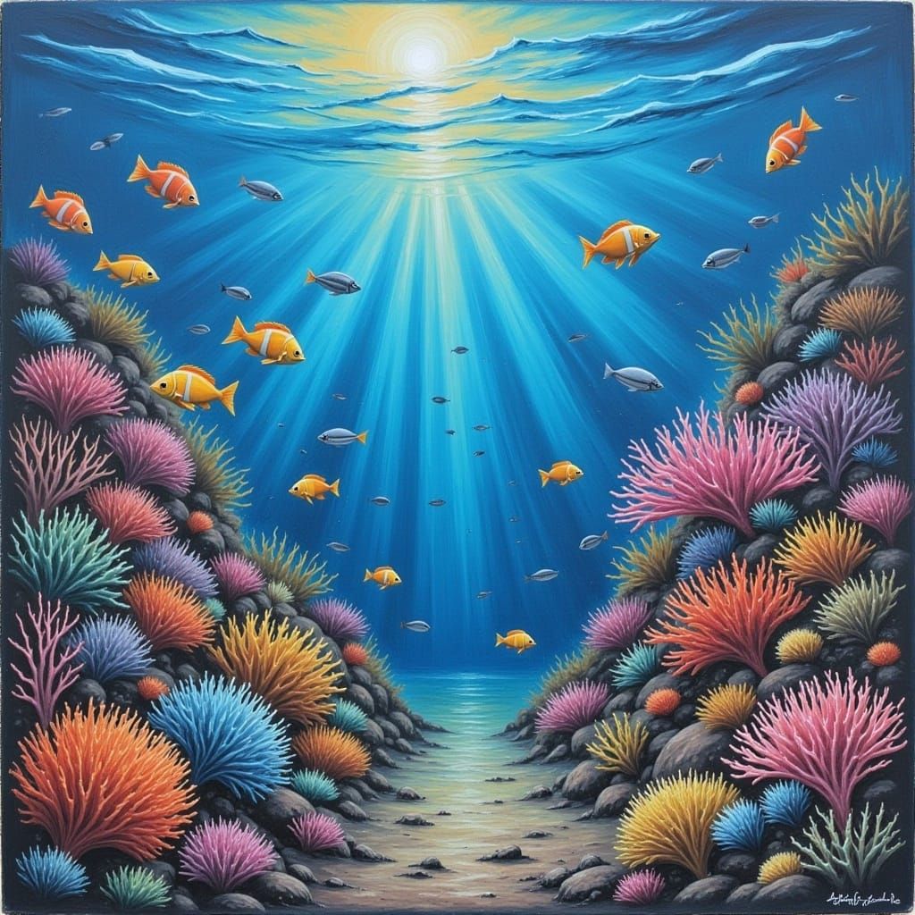 <lora:Chalk Oil Paintings2:1.0> Oil Chalk Painting impasto of a breath-taking coral reef teaming with colorful underwater life