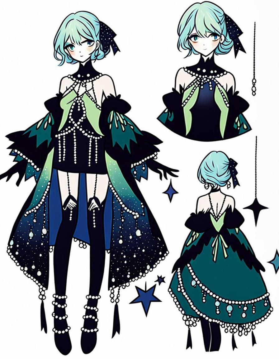 The apple green dress is decorated with pearls on the skirt,...