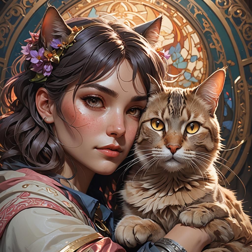Beautiful lady with her cat