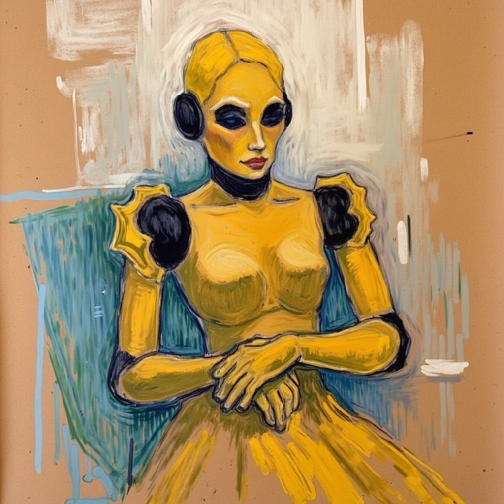 A painting in the style of <lora:Lautrec:1.0> of a umami-looking robot sitting for a portrait expressionism
