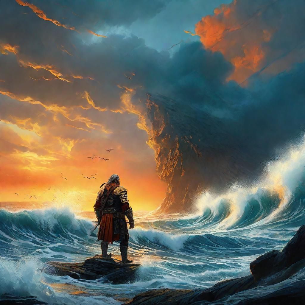 Epic Warrior Confronts Stormy Sea: Fantasy Matte Painting